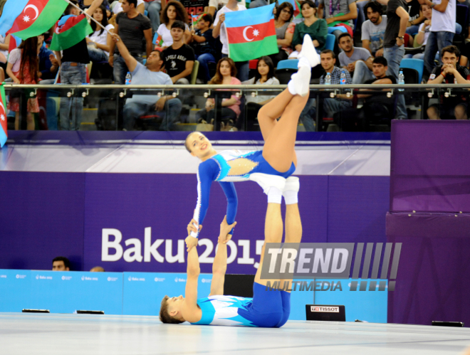 Avropa Oyunlarında aerobika gimnastikası üzrə qarışıq cütlüklərin təsnifat yarışları. Bakı, Azərbaycan, 17 iyun 2015 